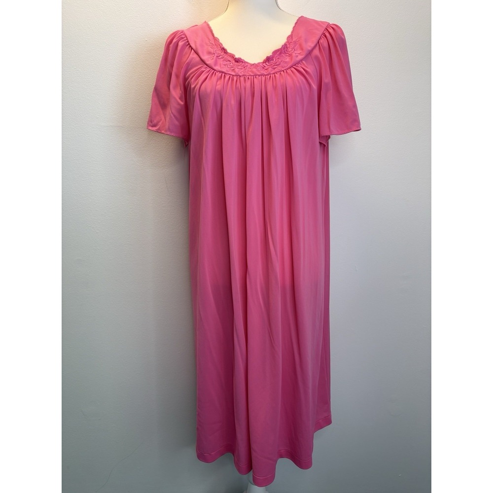 Vtg Shadowline Nylon Gown Large House Dress Dark Pink Lace Rose Short Sleeve